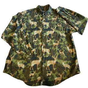 Woolrich Camo Deer Print Shirt Mens L Olive Green Button Long Sleeve Hunting